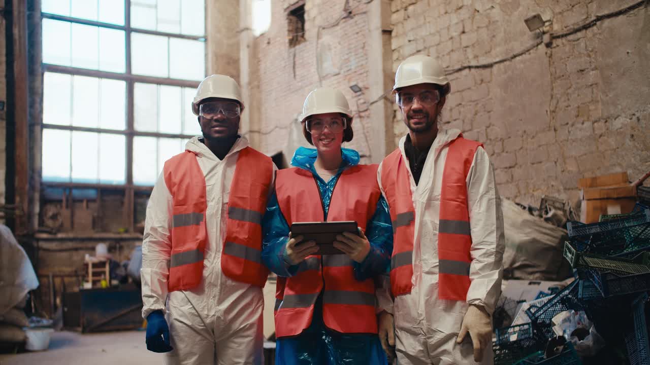 Portrait of a happy multiracial trio in special white uniforms and orange vest employees stand near a large pile of garbage at a large waste processing plant