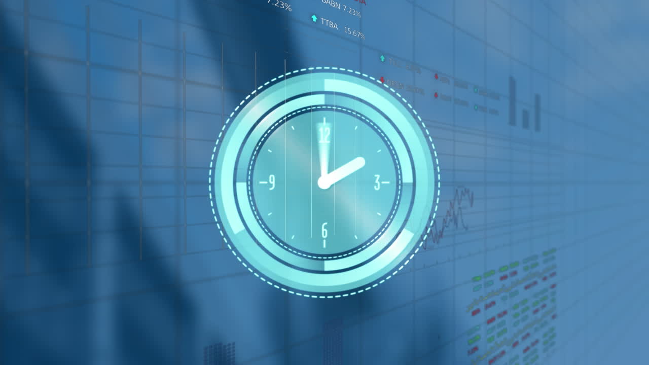 Animation of neon ticking clock over statistical and stock market data processing on blue background