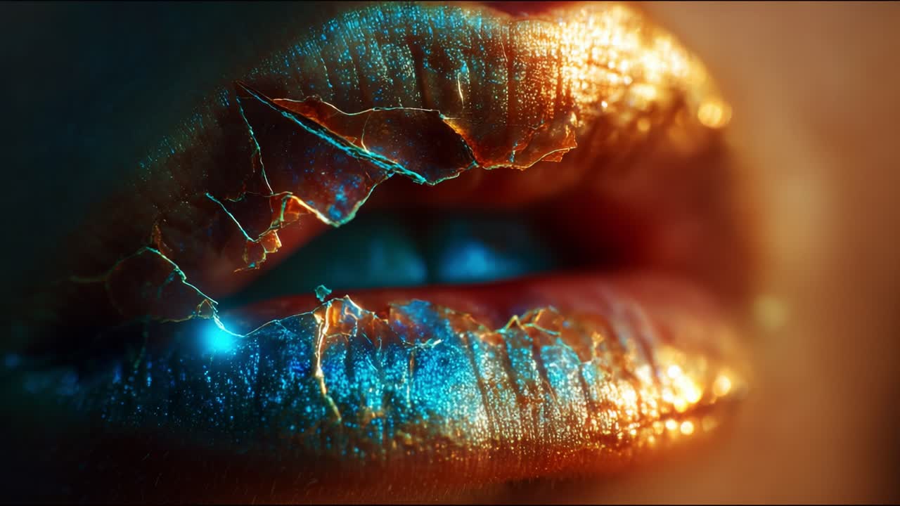 Captivating Close-Up of Textured Lips Highlighting Iridescent Color Patterns and Intricate Cracks, Showcasing a Unique Blend of Beauty and Artistic Expression
