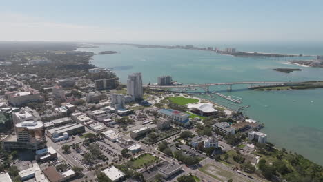 aerial view looking down at downtown clearwater and clearwater beach across intracoastal waters