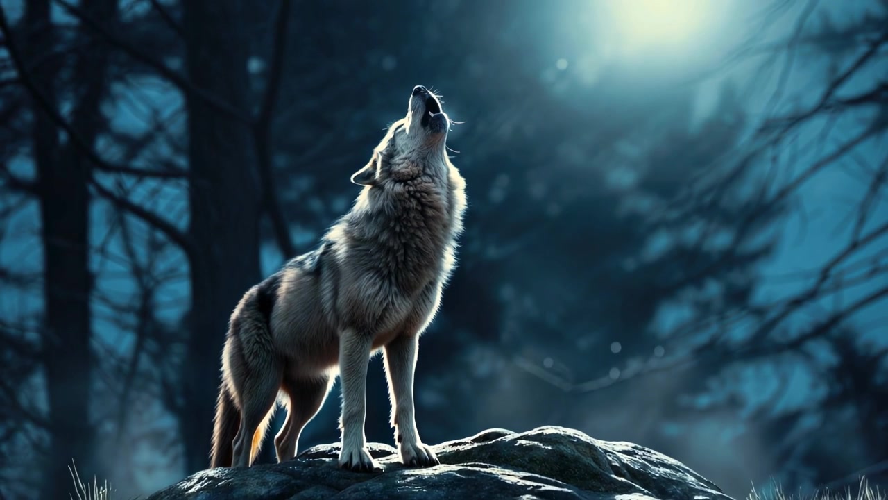 Lupo maestoso che ulula alla luna in una foresta oscura