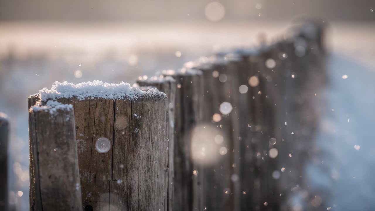 Shifting camera focusing nearest worn post in field, revealing screw, snowfall, bokeh, copy space