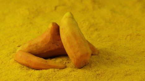 close up arc shot of turmeric powder and fresh peeled turmeric