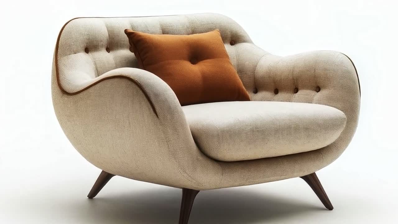 Modern upholstered armchair with an orange pillow