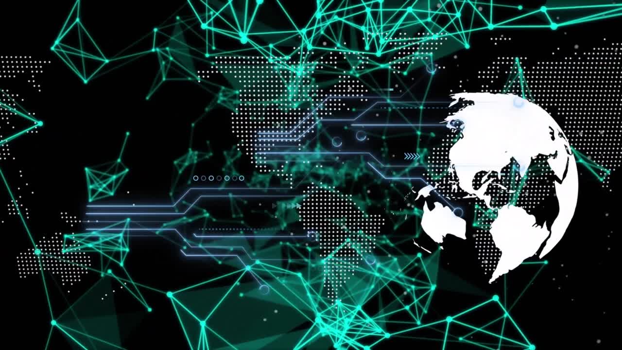 Animation of networks of connections and globe over dark background