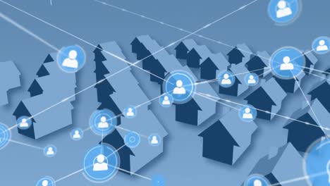 animation of network of connections with icons over rows of houses