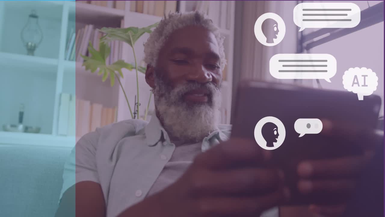 Animazione di elaborazione dati di chat AI su un uomo afroamericano che usa un tablet