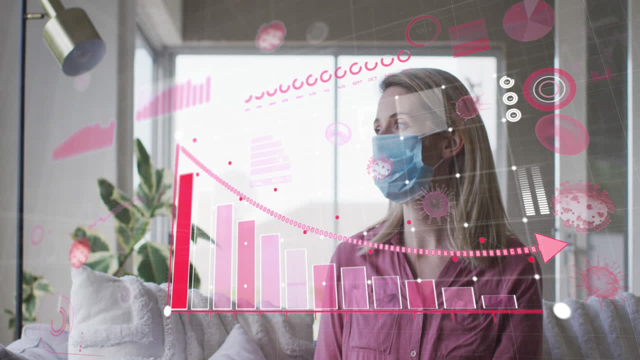 animación del procesamiento de datos sobre una mujer caucásica que lleva una máscara facial