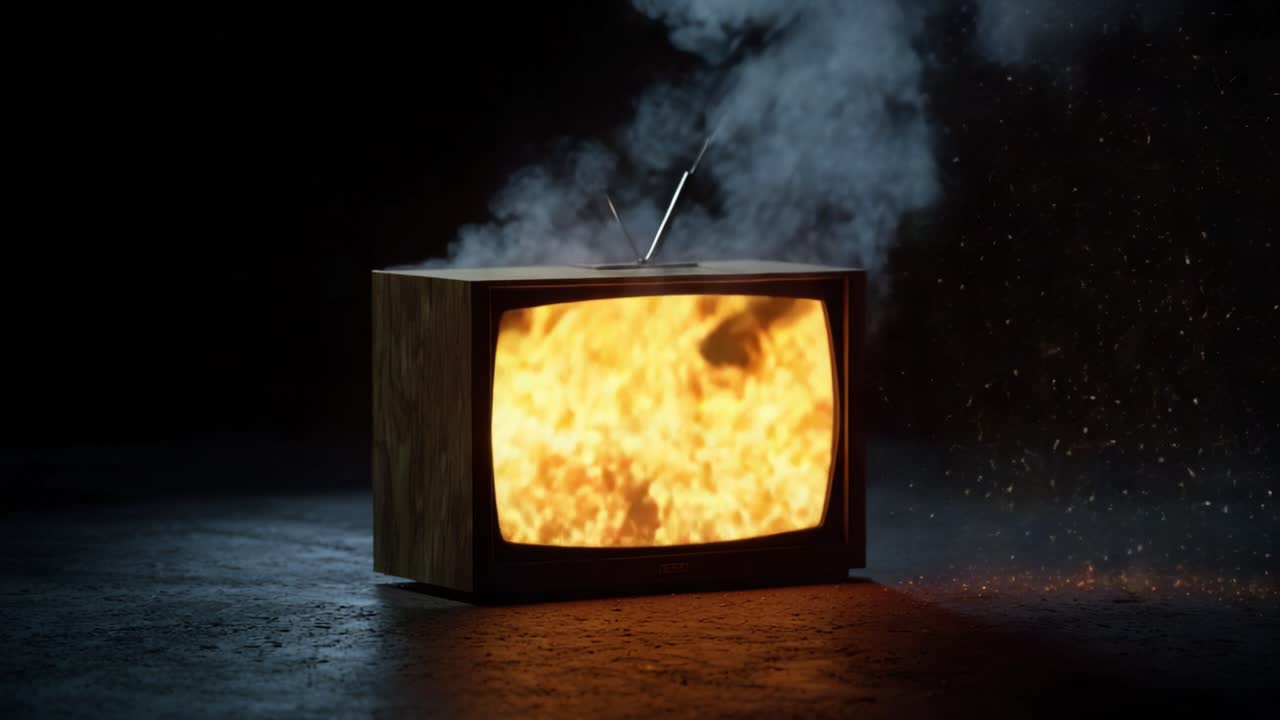 Ein alter Fernsehapparat geht in Flammen auf und schafft eine dramatische und chaotische visuelle Szene mit Funken und Rauch vor einem dunklen Hintergrund, die Zerstörung und Feuer betont.