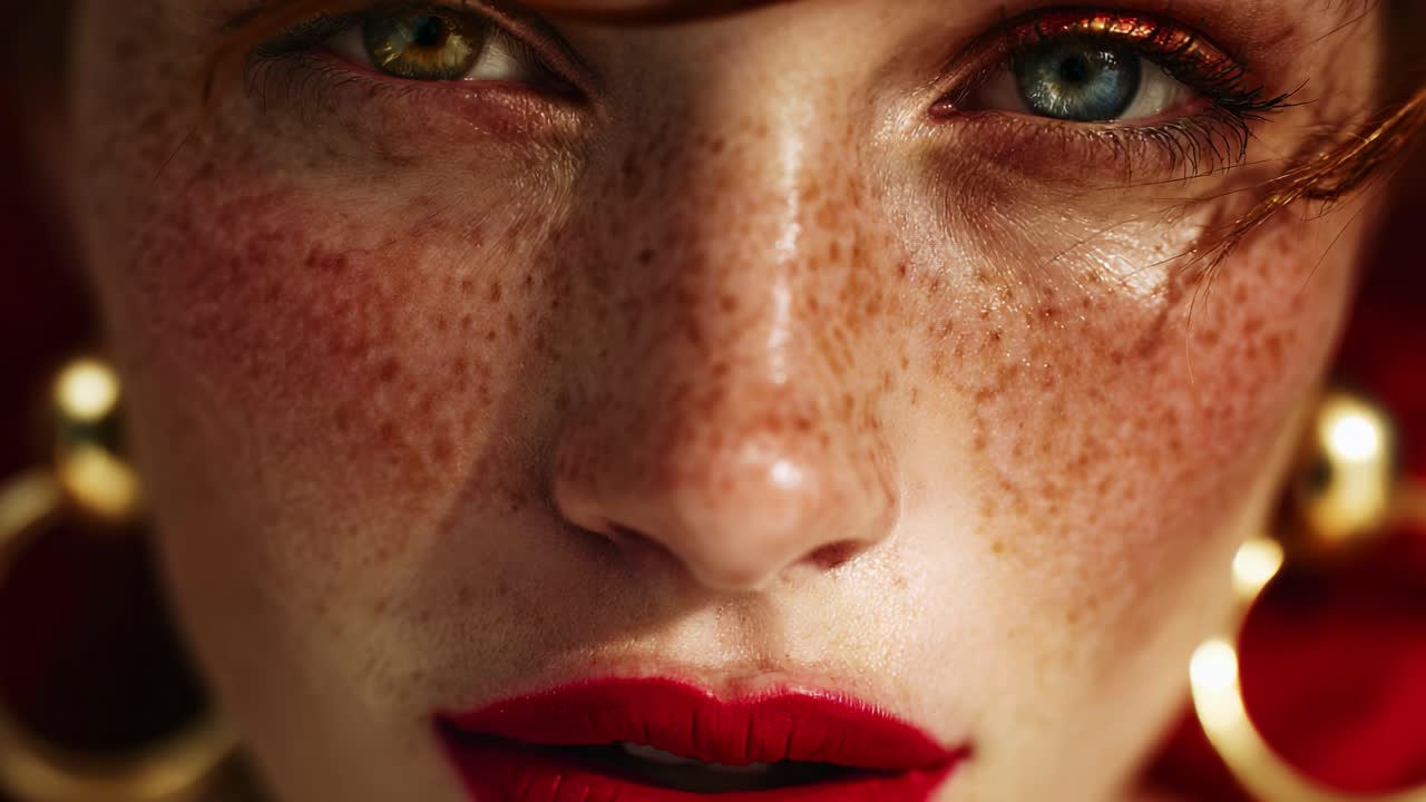 Captivating Close-Up of a Model with Mesmerizing Freckles, Striking Dual-Color Eyes, and Bold Red Lips, Showcasing Stunning Beauty and Unique Features in a Fashionable Portrait