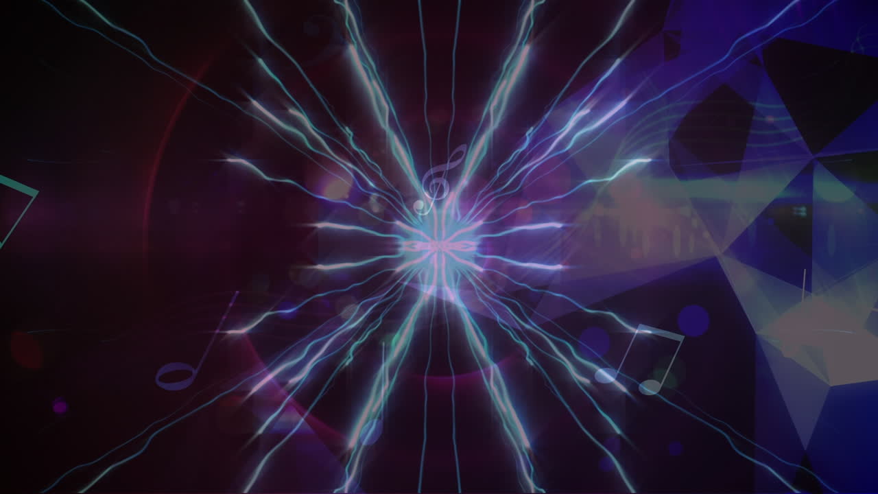 Digital animation of blue digital waves and musical elements floating against purple background