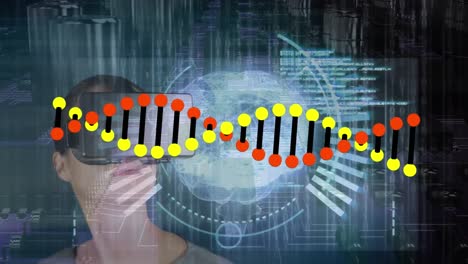 animation of dna strand with digital brain and caucasian woman over computer circuit board