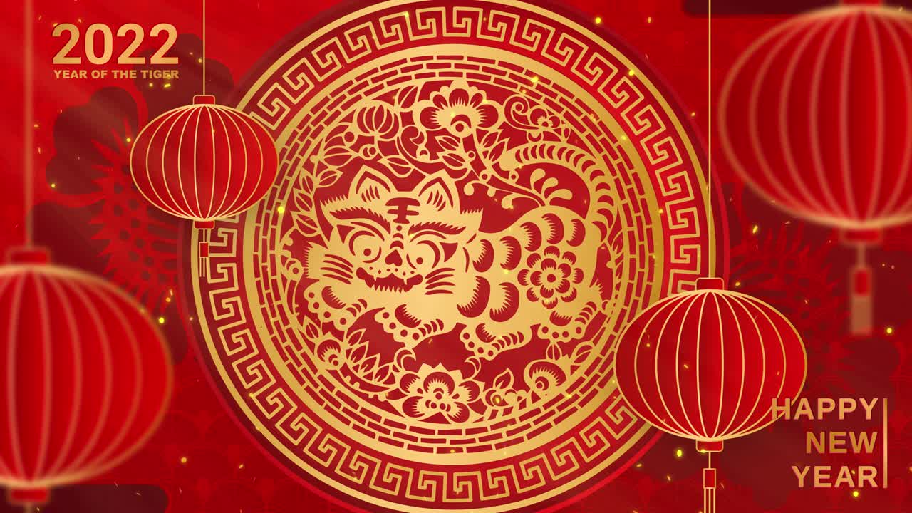 feliz año nuevo 2022, feliz año nuevo chino 2022 signo del zodiaco tigre. con papel dorado cortado estilo de arte y artesanía en fondo rojo. linternas y elementos asiáticos con estilo de artesanía. animación de video de bucle 4k
