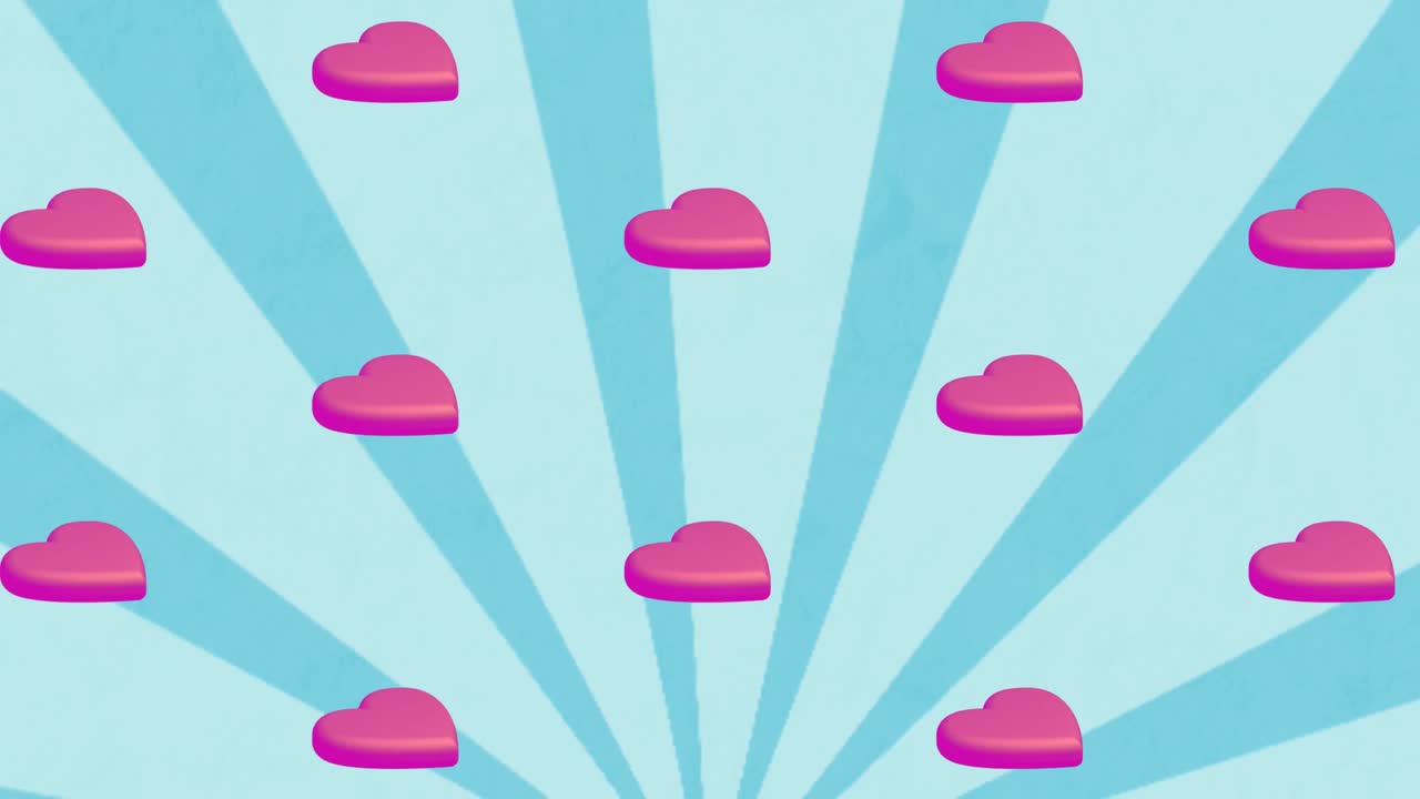 파란 바탕에 줄무 위에 반복되는 분홍색 심장 아이콘의 애니메이션