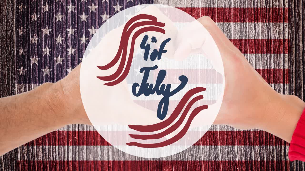 Animation of 4th of july text over person making heart shape with hands over american flag