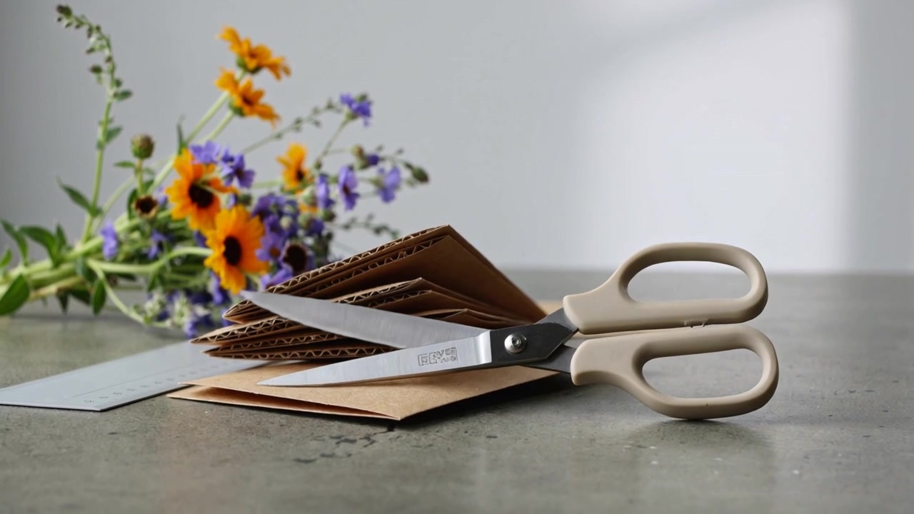 Shifting beige scissors pivoting on gray table after nudge, moving cardboard, envelope, wildflowers