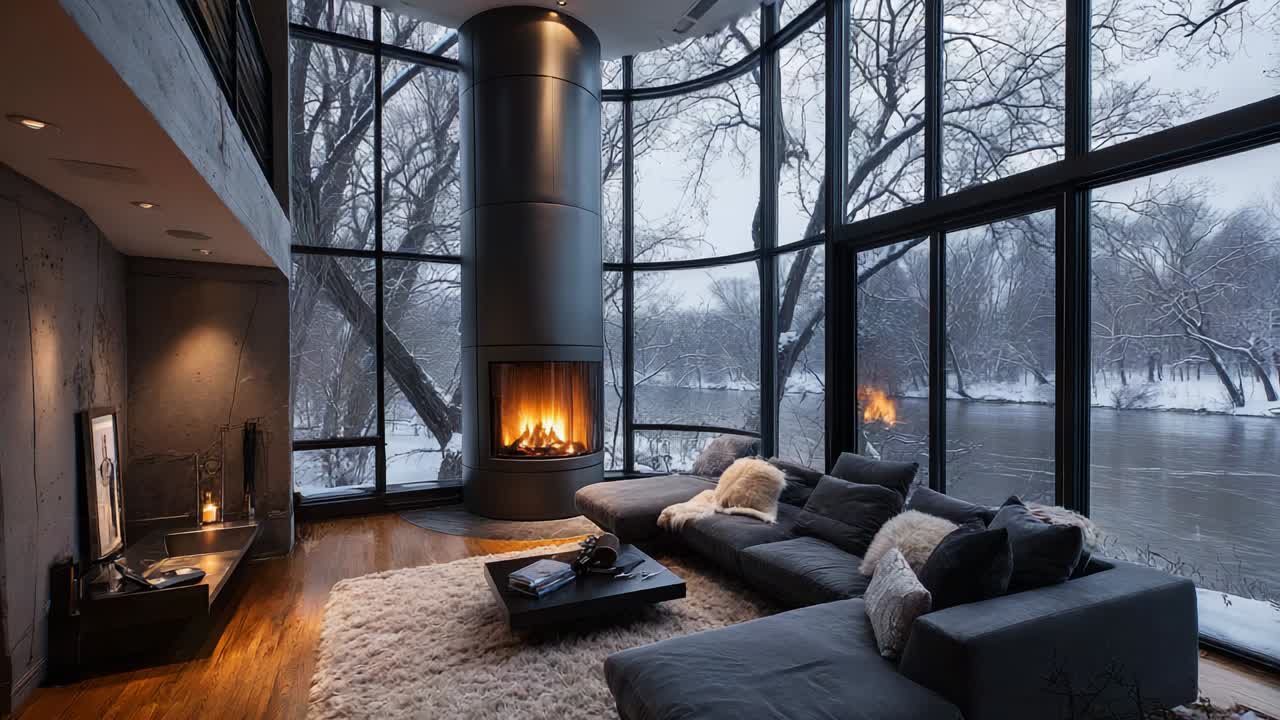A Cozy and Modern Living Room with Floor-to-Ceiling Windows, Showcasing a Beautiful Winter Landscape Outside, Complete with a Stylish Fireplace for Warmth and Elegance, Perfect for Relaxation and Comfort