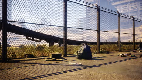 abandoned area next to a fence with litter and discarded items during daylight