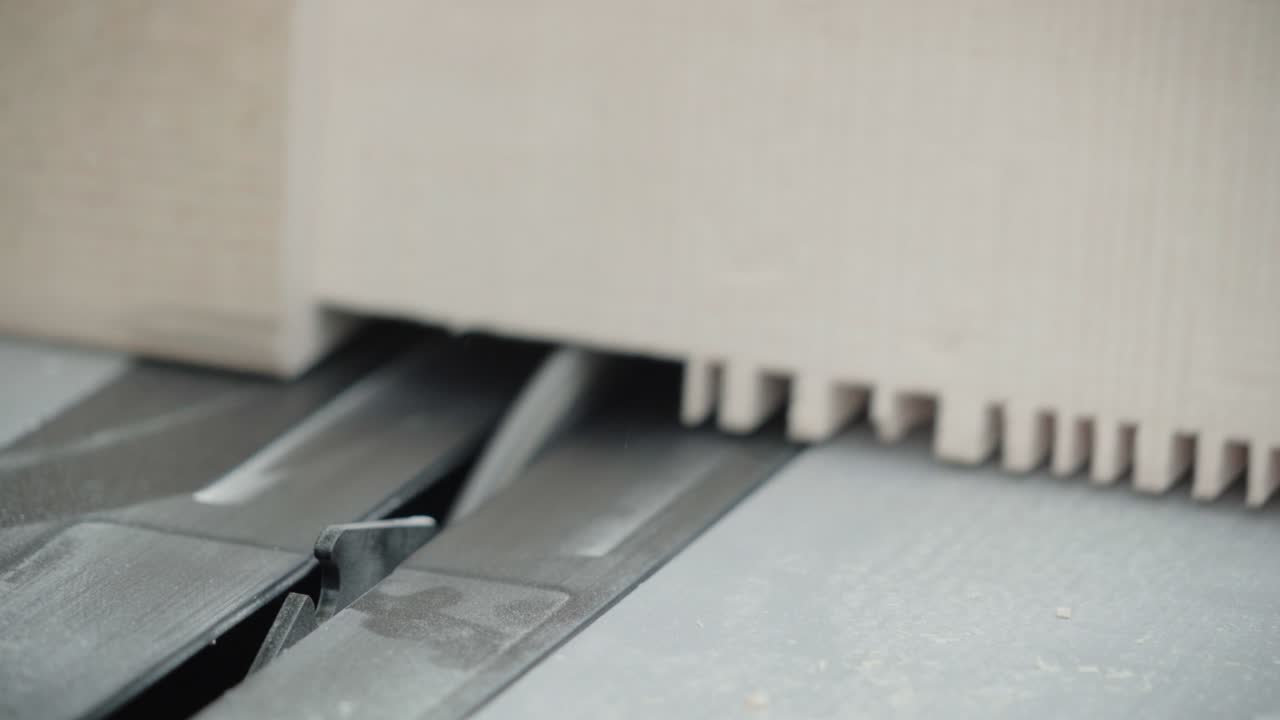 Lama di sega circolare che taglia un blocco di legno in officina. Primo piano