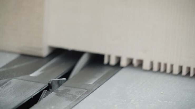 Table saw blade cutting through wooden block in workshop. Close up view