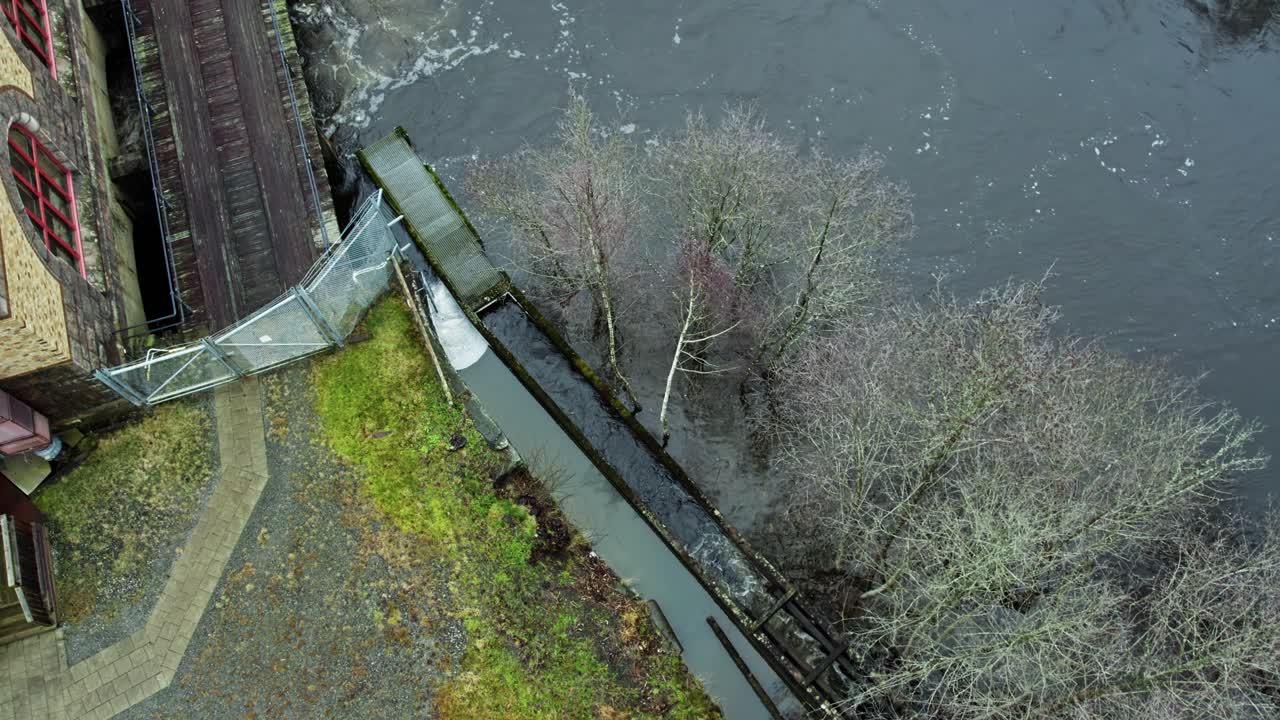 Fish ladder near an abandoned fish farm. Aerial view
