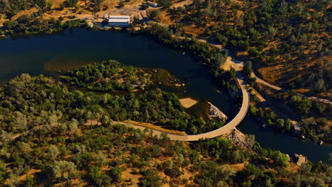 aerial view of a bridge over a river and lake