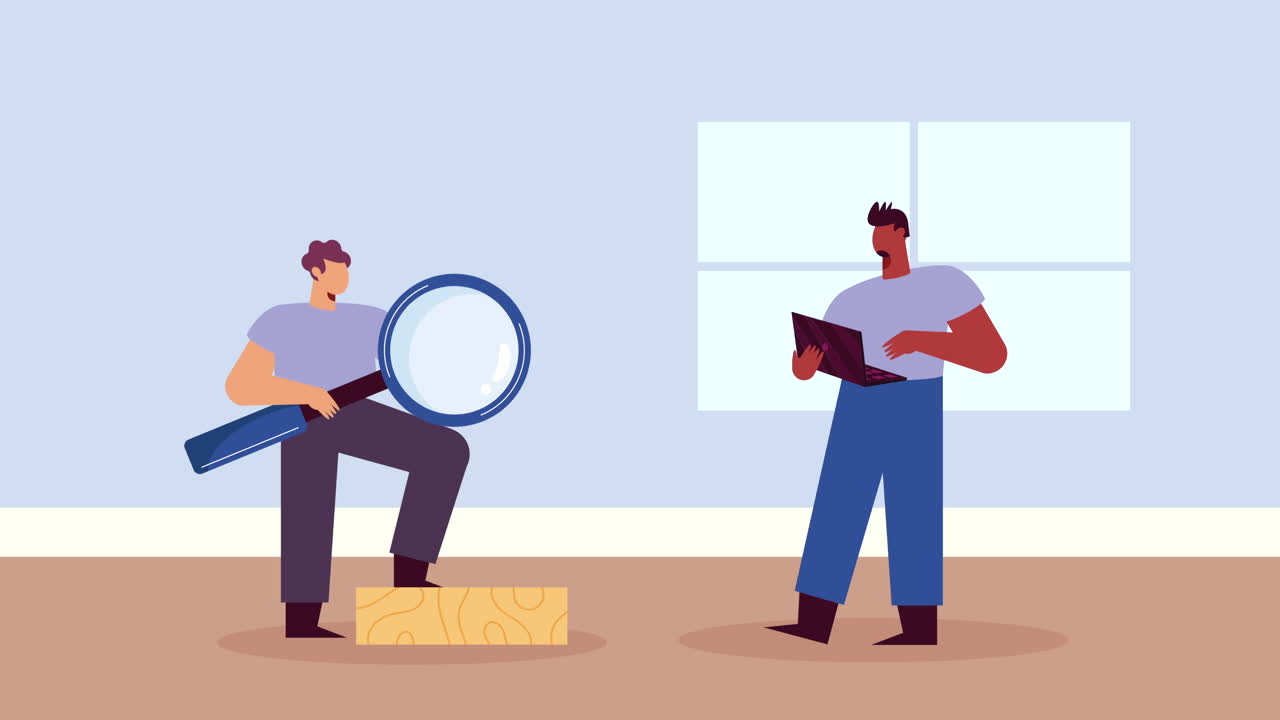 two men with laptop and magnifying animation