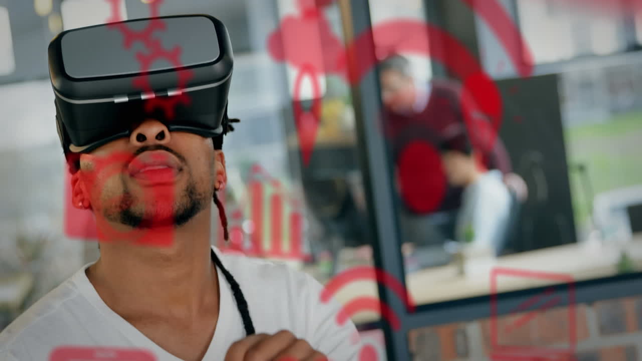 Animation of social media icons over biracial man wearing vr headset
