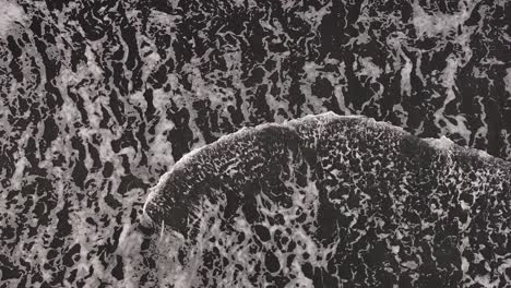 top-down aerial view of foamy waves crashing onto the black sand.