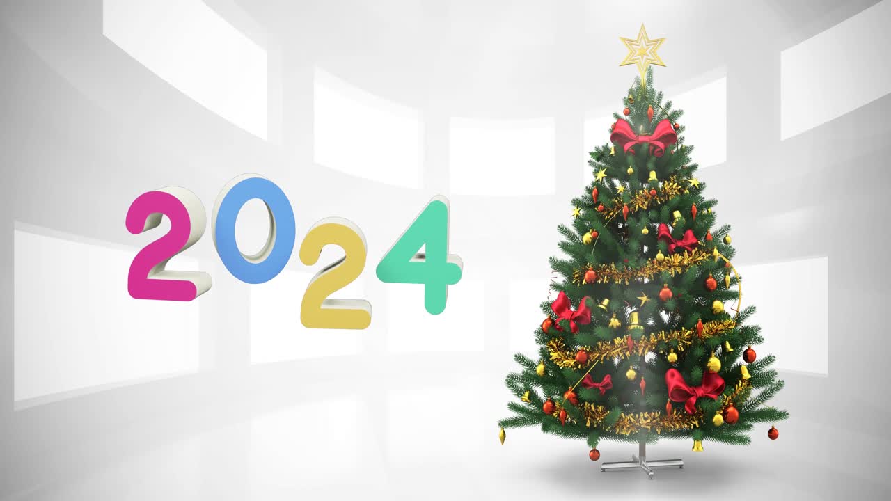 animación de texto de 2024 y árbol de navidad con decoraciones en el fondo