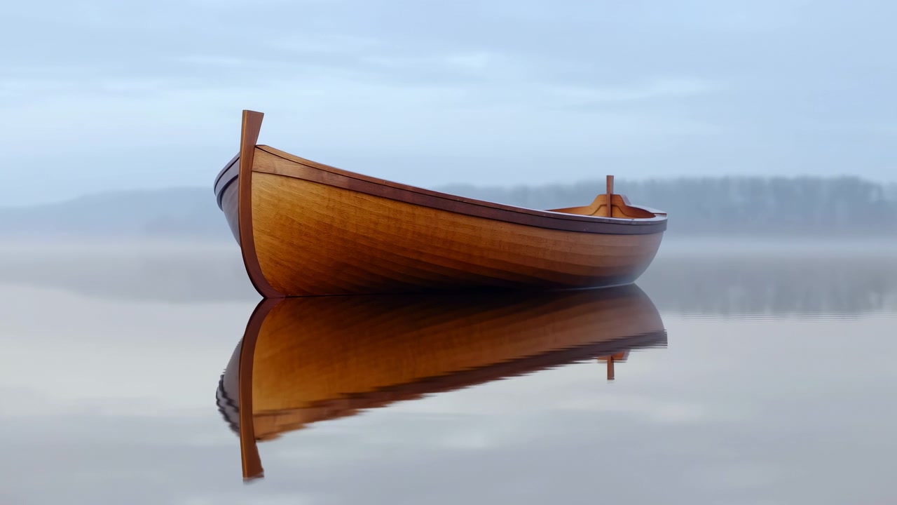 Barca a remi di legno che galleggia immobile su un lago nebbioso e liscio come il vetro, a metà di una serena sequenza mattutina.