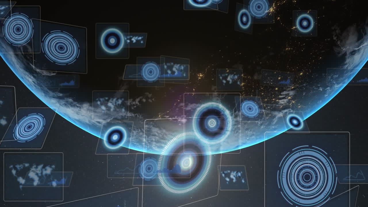 Animation of Earth from space with glowing digital data connections overlaying it