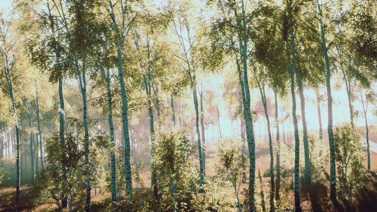 해가 지는 초록색 버드나무 숲