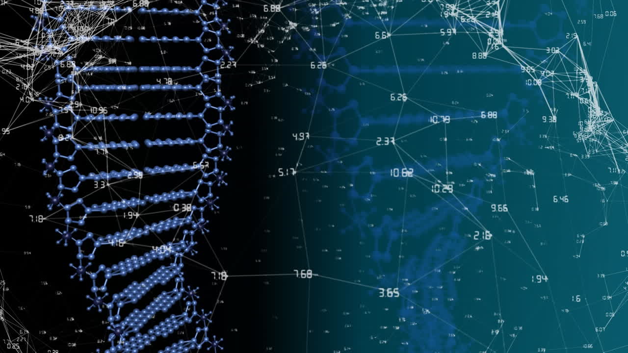 Animation of data processing and dna strand on black background
