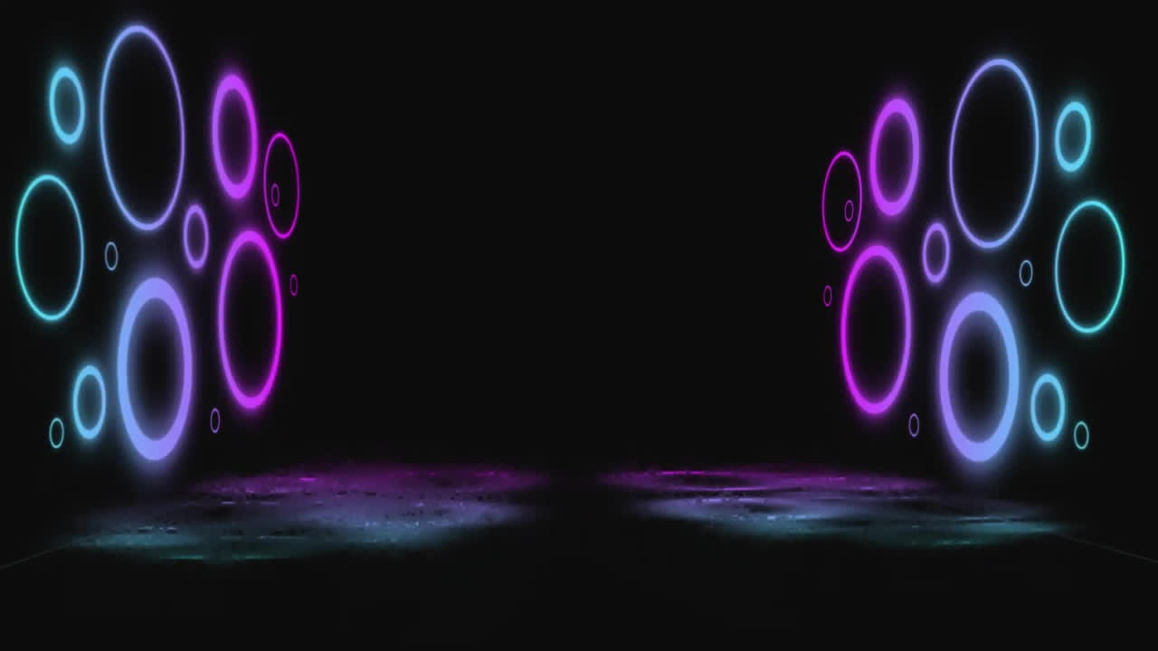 Animation of glowing neon circles moving over black background