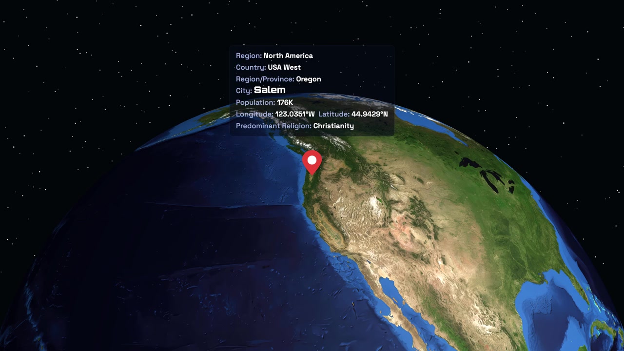 Animação digital com zoom do espaço para Salem, Oregon, com informações geográficas e demográficas detalhadas