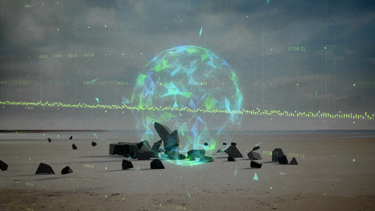 Animation of glowing geometric sphere hovering above rocks on sandy beach