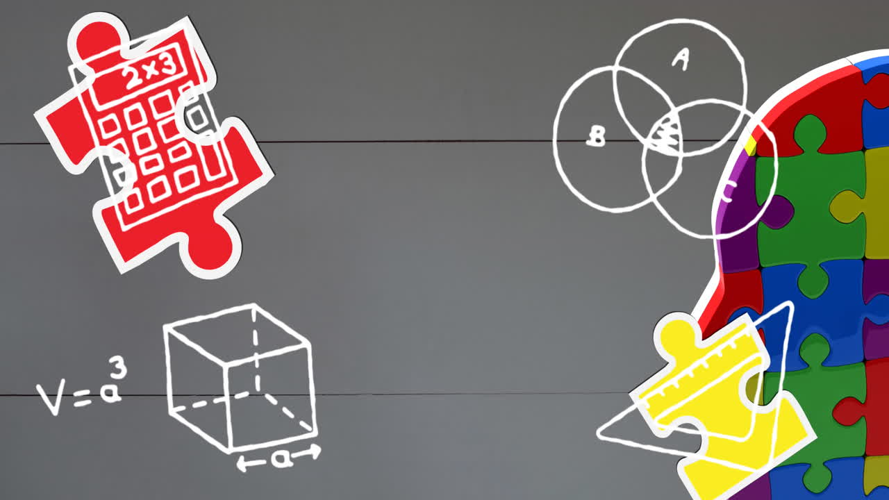 animación de rompecabezas que caen con iconos escolares en fondo gris