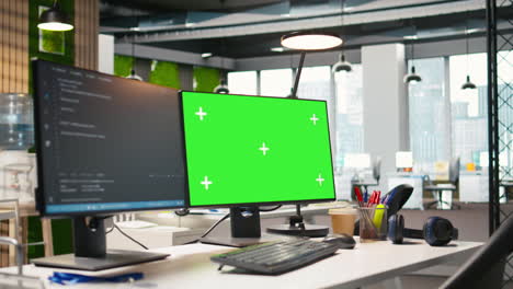 green screen computer display in modern startup office displaying code snippets