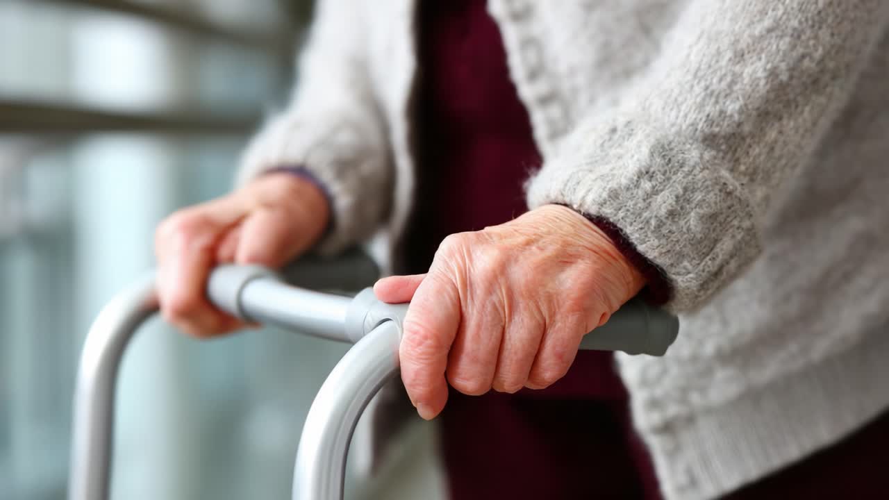An elderly individual gripping a walker, symbolizing the journey of aging and the importance of mobility assistance for maintaining independence and quality of life