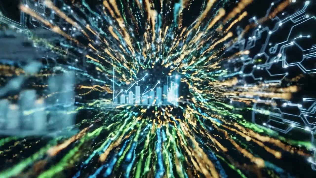Dynamic Flow of Colorful Particles in a Dark Space, Representing Abstract Digital Landscapes and Data Streams in a Stunning Visual Display