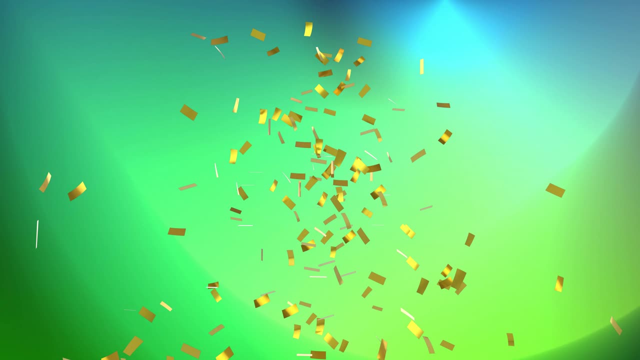 Golden confetti falling animation over green and blue gradient background