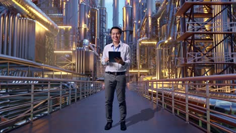 full body of an asian male professional worker standing at a vast oil refinery, typing on tablet's keyboard with green screen and look at the factory once