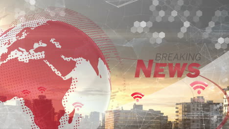 stylized red white globe rotating 3d over skyline displaying breaking news text with network lines