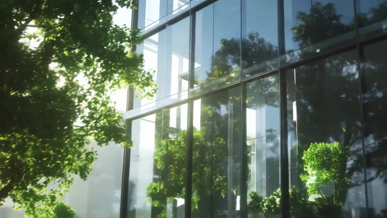 Edifício de Escritórios Moderno de Vidro Refletindo Árvores Verdes Exuberantes ao Pôr do Sol