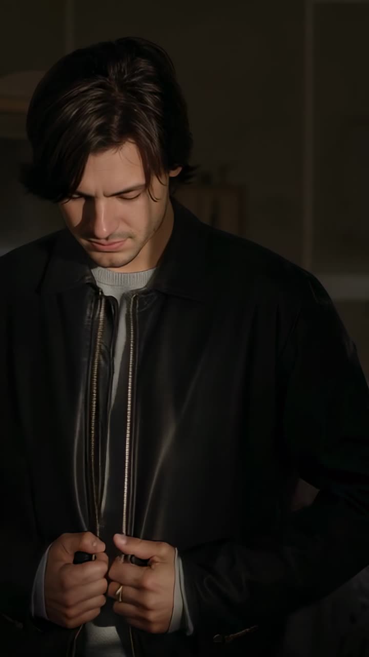Zipping man centered in dim room fastening black leather jacket, revealing metal zipper and ring