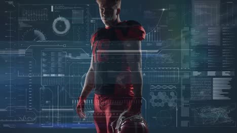 animación de un jugador de fútbol americano caucásico sobre el procesamiento de datos diversos