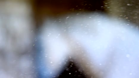 primer plano de un caballo blanco, fuera de foco, en el fondo. en los rayos de luz, se ven partículas de polvo, brillan. primer plano de los brillantes granos de polvo