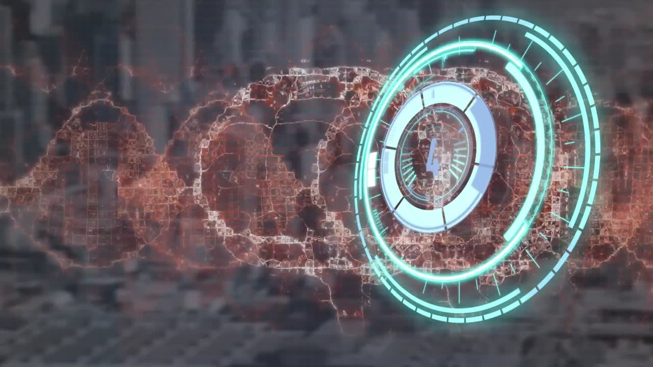 animación de escaneo de alcance y cerebro humano sobre el paisaje urbano