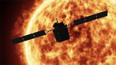 high quality 3d cgi animated render of the solar orbiter in orbit around the sun as it spins slowly, with the dramatic and awe inspiting solar flares and sun surface in the background